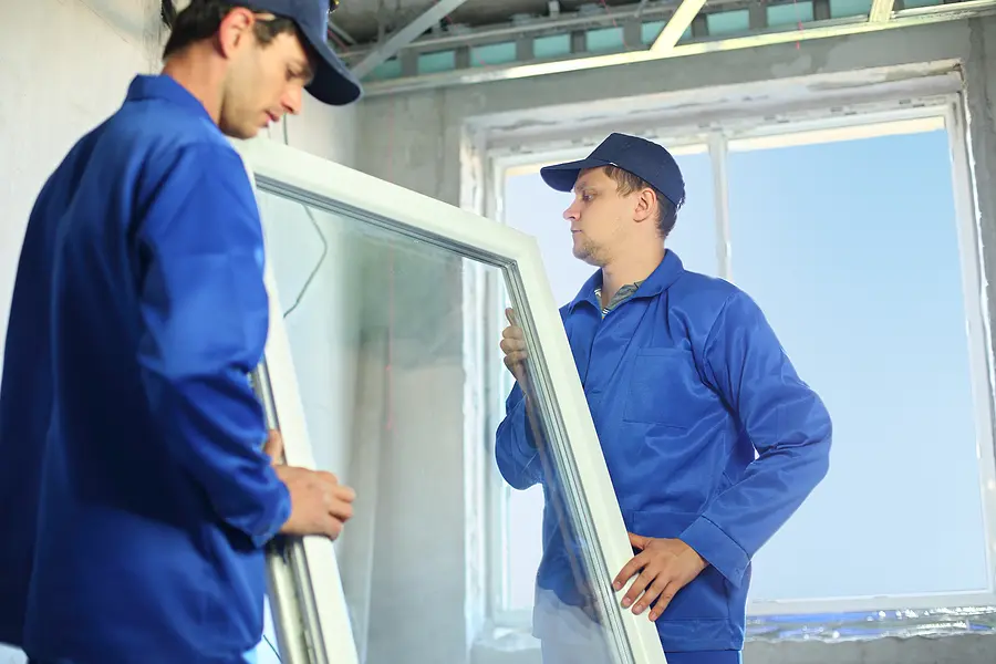 Two workers in blue uniforms and caps installing a vinyl window frame in an unfinished room with bright natural light