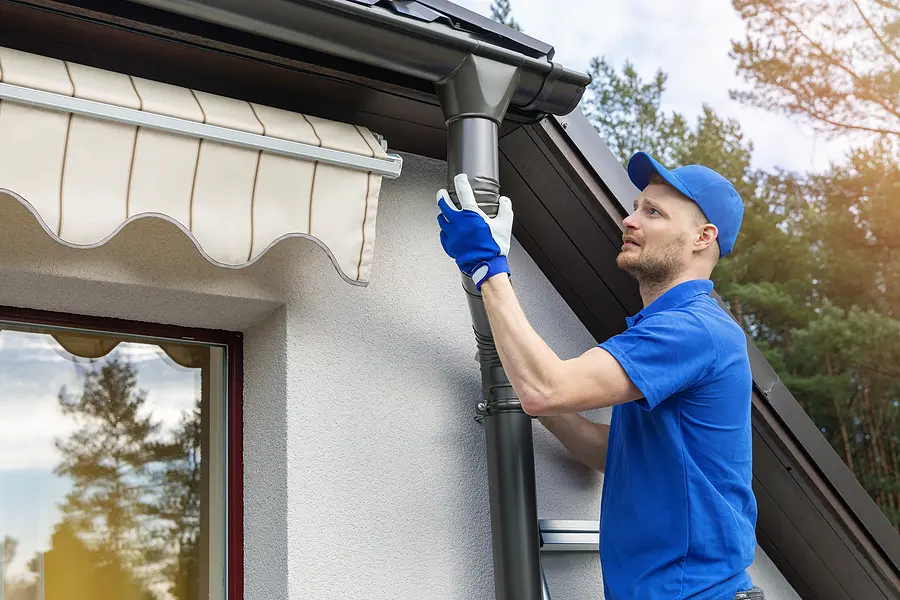 Worker in blue uniform installing seamless gutter system on house exterior wall