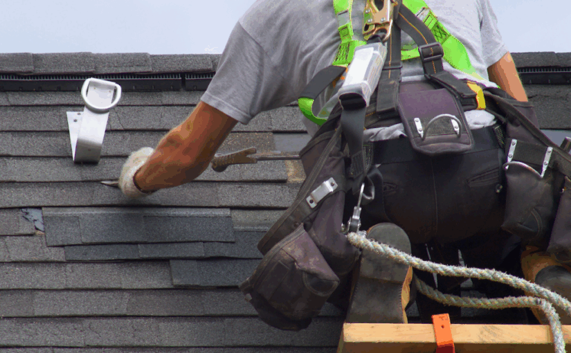 Worker in safety harness and tool belt inspecting asphalt shingle roof for storm damage and missing shingles