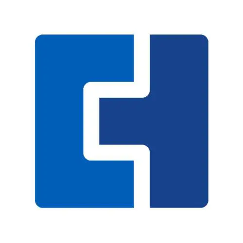 Blue and dark blue interlocking geometric logo with white negative space forming a stepped pattern in the center
