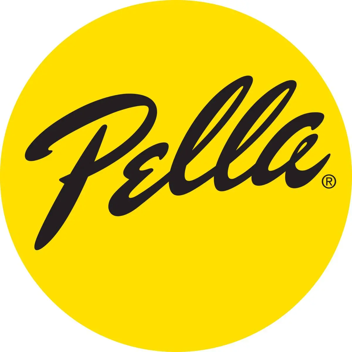 Pella logo featuring black cursive text on a bright yellow circular background with registered trademark symbol