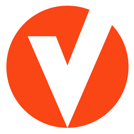 Red circular logo with white checkmark design for Vinylmax, Cincinnati roofing and siding contractor