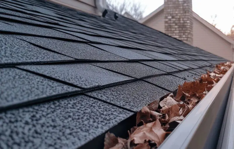 Close-up of asphalt shingle roof with autumn leaves in gutter, brick chimney and house visible in background