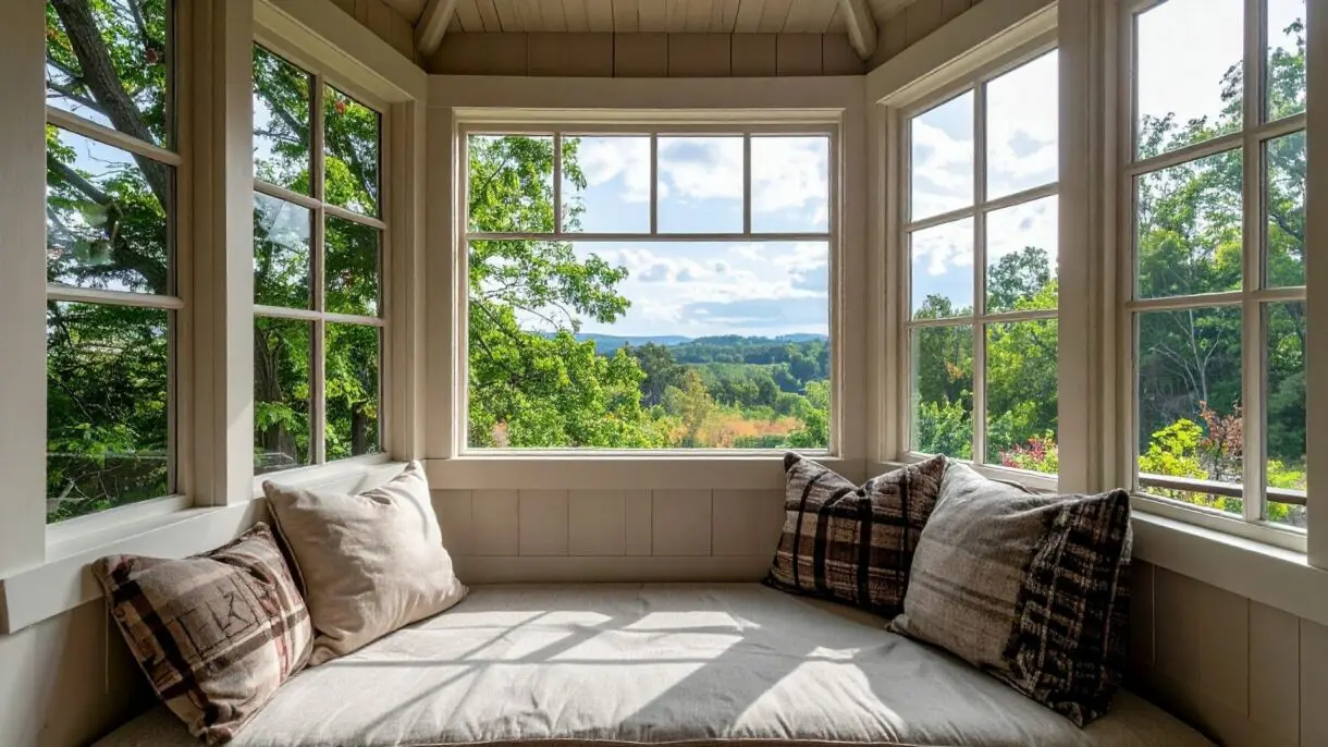 Cozy window seat with cushions overlooking forested valley landscape and distant hills on a sunny day
