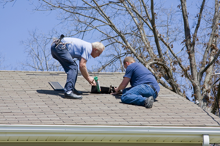 Two roofers inspecting and repairing asphalt shingle roof damage on residential home during roof inspection and repair assessment