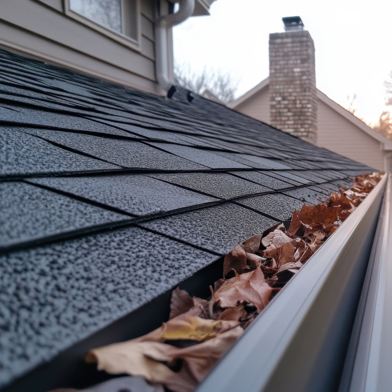Gutters filled with leaves and debris, highlighting the importance of regular gutter maintenance to prevent blockages and water damage.
