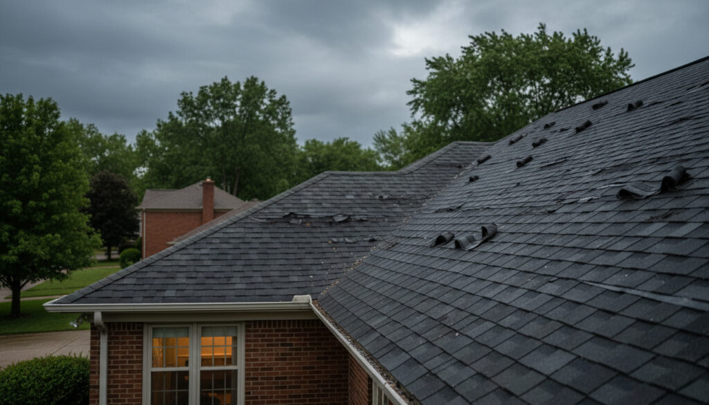 Visible roof damage after a storm, representing the type of claims Empire Contractors and Blake Maslin help homeowners challenge after insurance carrier denials.
