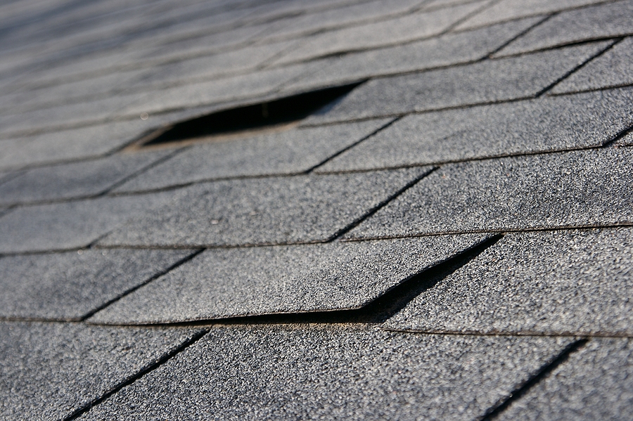 Close-up of damaged asphalt shingles requiring roof replacement in Cincinnati