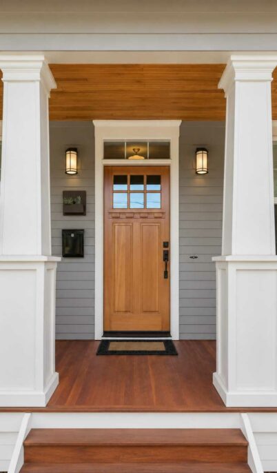 Modern home entrance with wooden front door, white columns, gray horizontal siding, transom window, and twin wall sconces flanking the entryway
