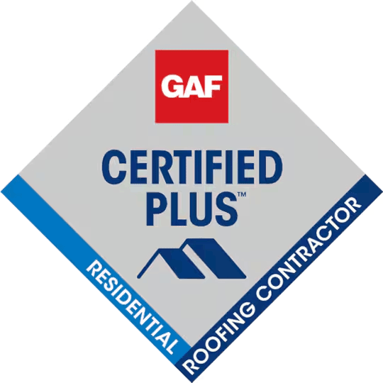 GAF Certified Plus residential roofing contractor badge with red logo and blue diamond accent